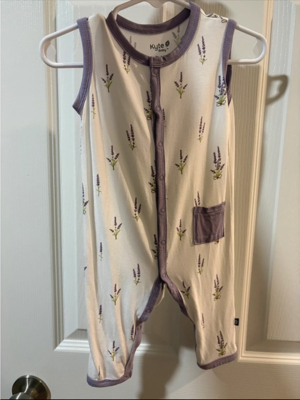 Kyte BABY Cream Romper with Lavender Print and Purple Trim 6-12